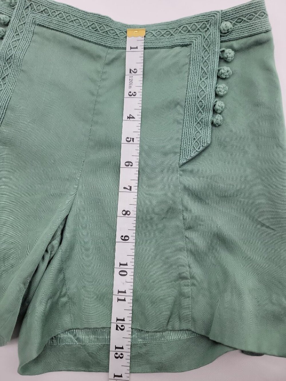 Sezane Sevenses Sage Green Tencel Shorts Embroidered Trim Tie Side Size 0 - Picture 10 of 10